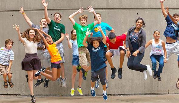 Large group of students jumping