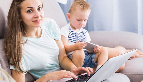 Mom and child using laptop