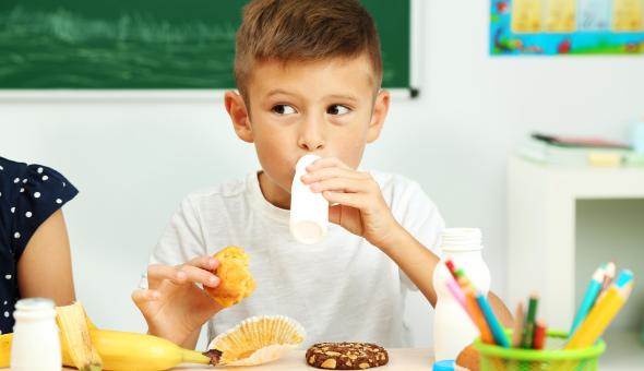 Young child eating fruit and a muffin for breakfast and drinking milk in the classroom in front of the chalkboard
