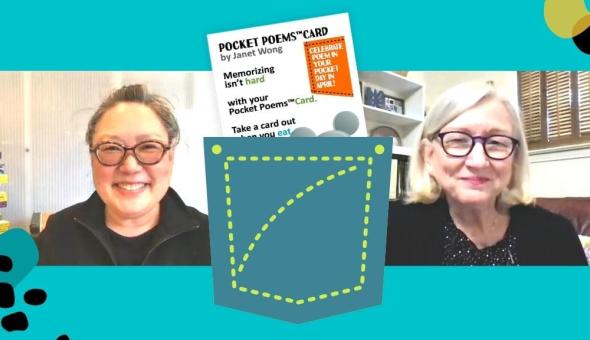 Janet Wong and Sylvia Vardell are pictured in side-by-side video calls with a jean pocket holding a poem between them.