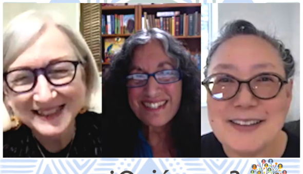 Sylvia Vardell, Margarita Engle, and Janet Wong smile on a group video call. Text reads "Who Am I?" and "¿Quién soy?" over a geometric background