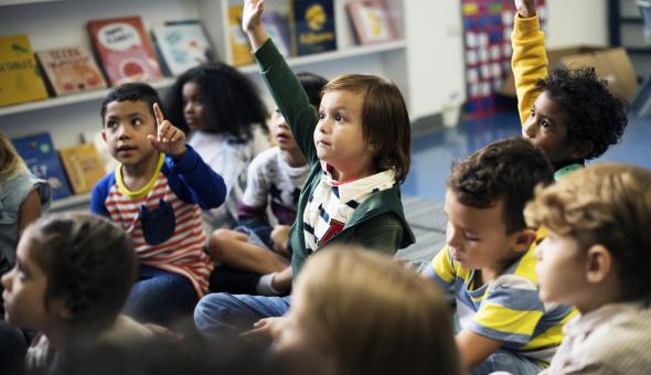 Several happy elementary school students raise their hands and participate in class.