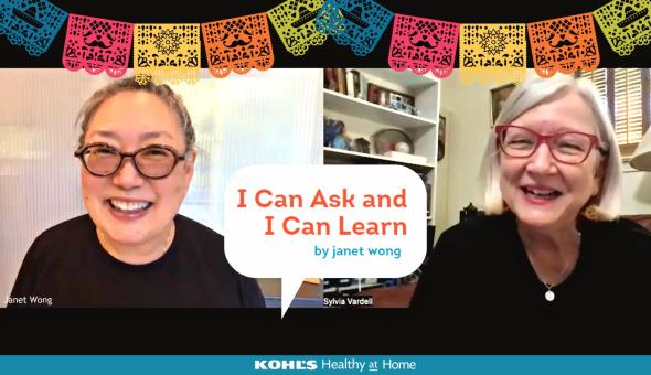 Janet Wong and Sylvia Vardell are smiling together with papel picado banners and a speech bubble reads "I Can Ask and I Can Learn by Janet Wong"