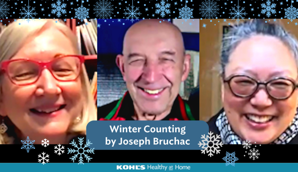 (Left to right) Sylvia Vardell, Joseph Bruchac, and Janet Wong smile on a video call with snowflake illustrations around them and the title text "Winter Counting by Joseph Bruchac"