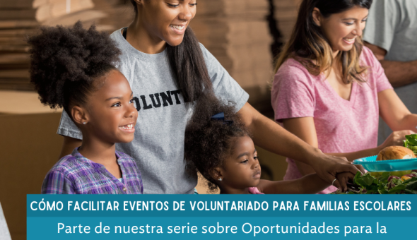 Dos adultas y dos niñas en edad escolar se ofrecen como voluntarios en una mesa de comida. Un adulto lleva una camiseta que dice "Voluntario".