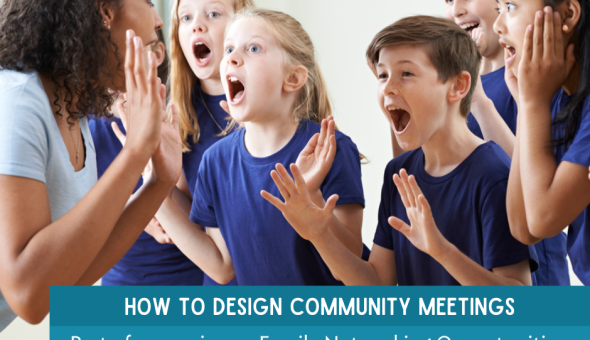 A teacher with curly hair and a blue shirt practices a skit with six school students. Everyone practices a surprised facial expression.