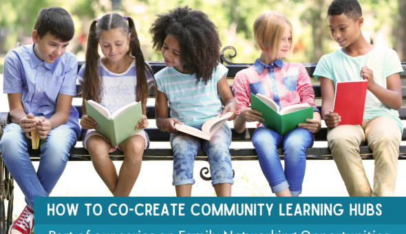 A book club of five children sit on a bench outside, reading together.