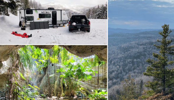 Collage: RV in snowy Eastern Washington, a cave with a river in Texas, and a lookout point in the Midwest