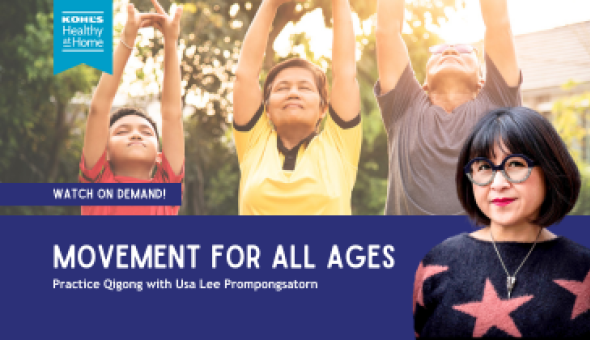 Usa Lee Prompongsatorn in front of a photo of a family of three practicing qigong. Text over a blue background reads: "Watch on demand! Movement for All Ages"