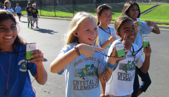 Students use The Walking Classroom at Crystal Lake Elementary